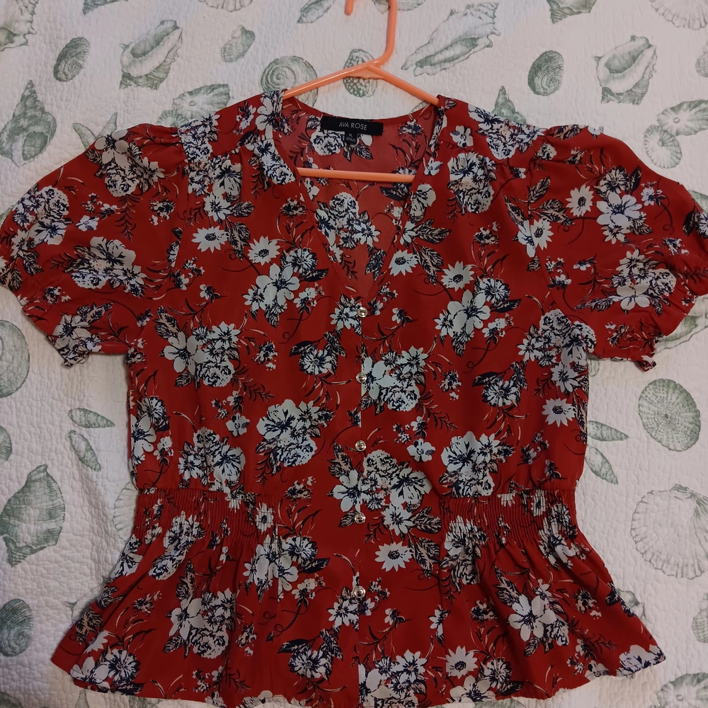 Ann Taylor Red Puff Sleeve Peplum Blouse